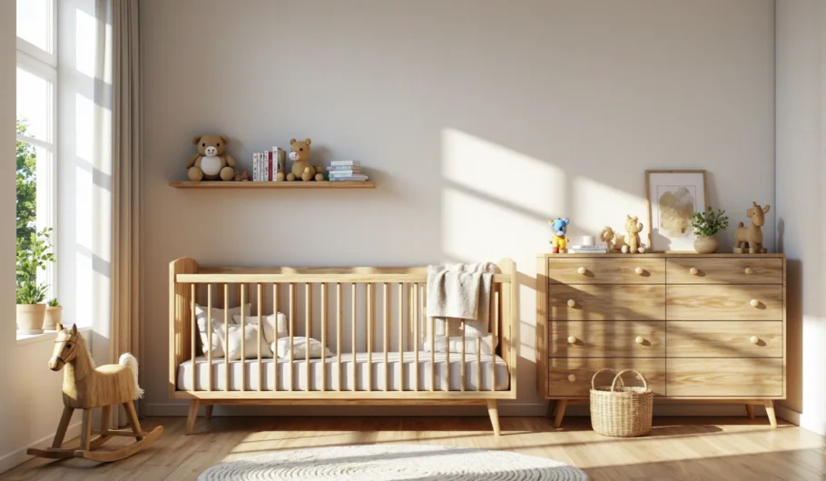 Łóżeczko dziecięce sosnowe z komodą z naturalnego drewna