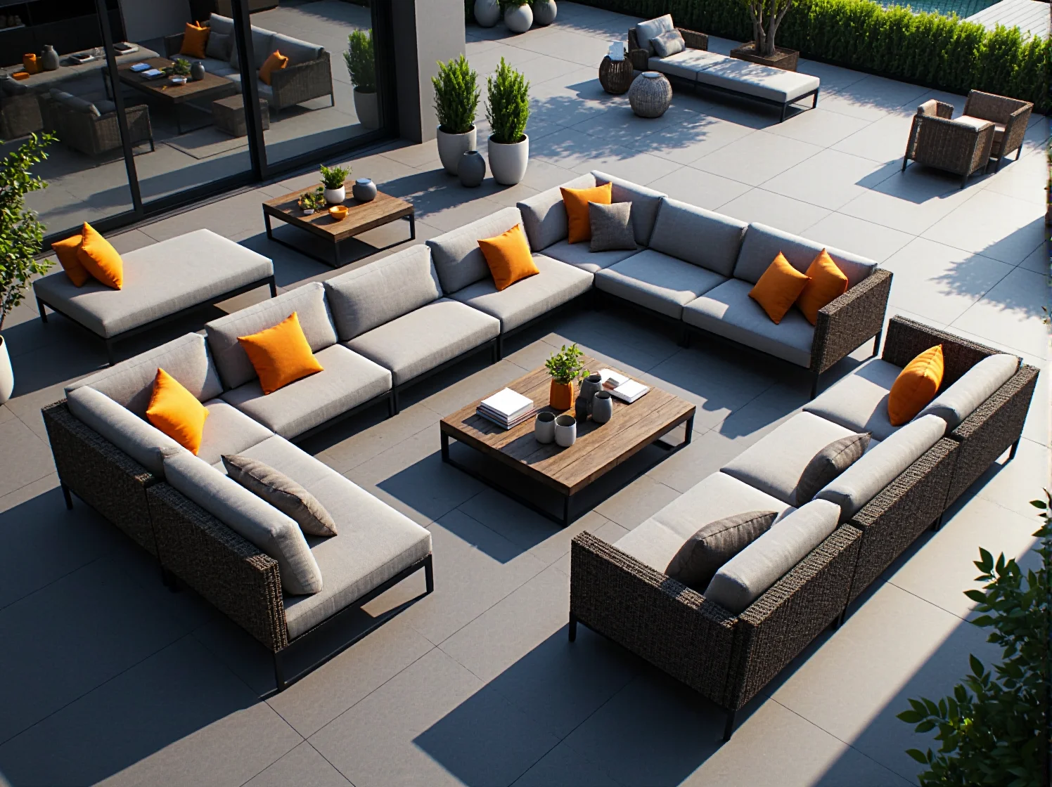 Trwałe i estetyczne meble modułowe wykonane z technorattanu na nowoczesnym tarasie.