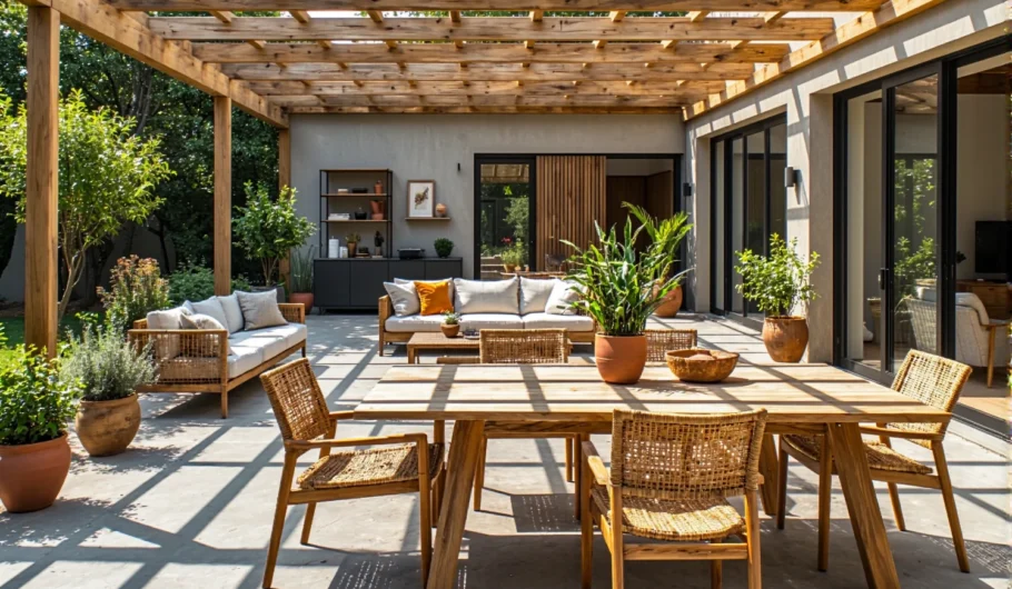 Drewniany zestaw ogrodowy stół z krzesłami ratanowymi i sofą