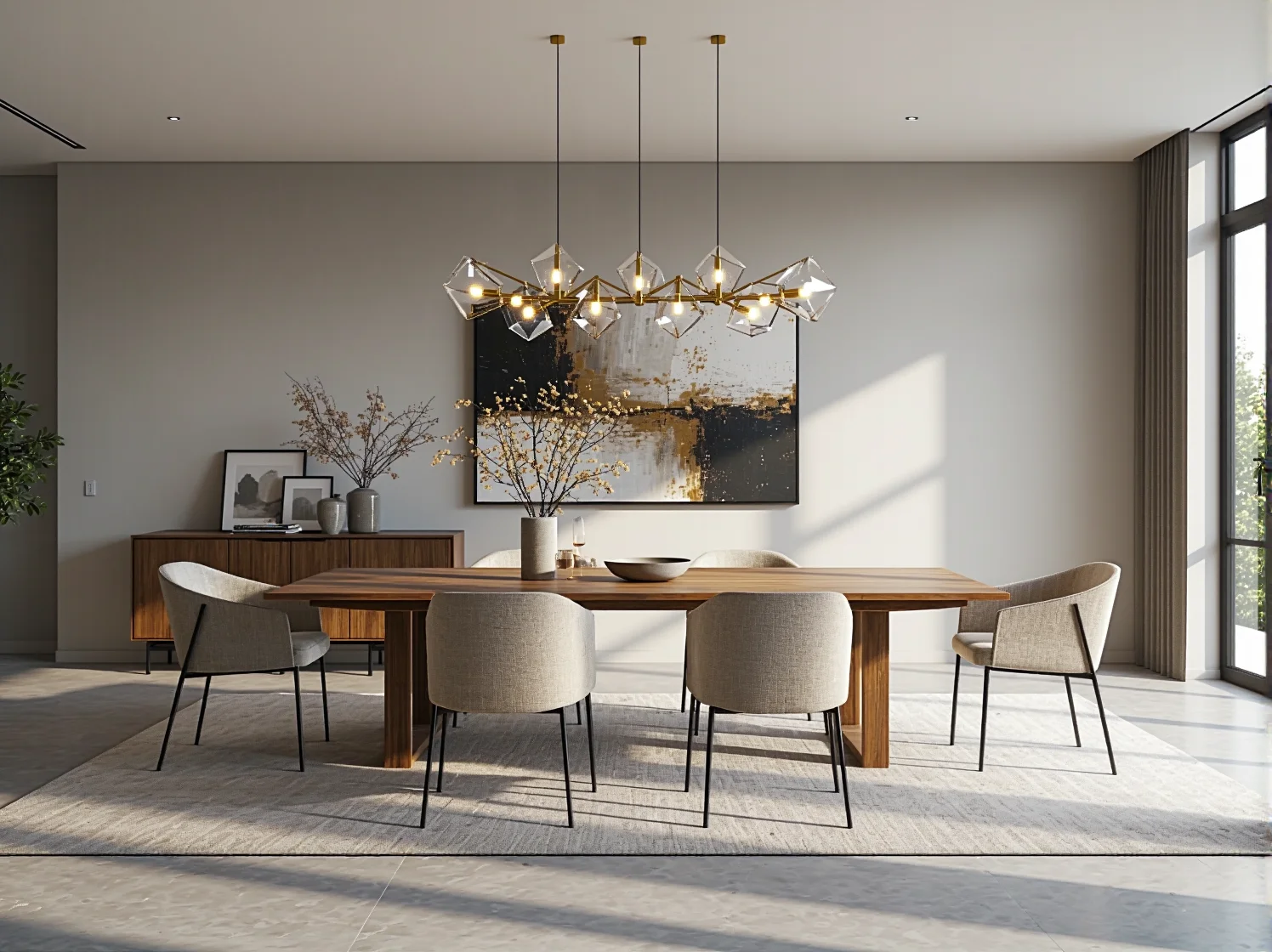 Elegancka jadalnia z dużym, drewnianym stołem i krzesłami o unikalnym designie jako centralny punkt.