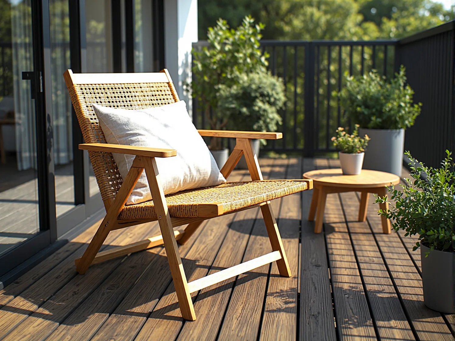 Wielofunkcyjne meble na mały balkon – składany stolik i dwa krzesła w nowoczesnym stylu.