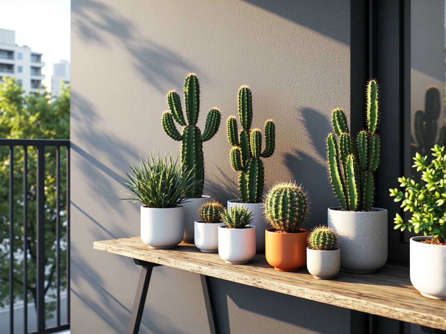 Wielofunkcyjna drewniana skrzynia do siedzenia i przechowywania na nowoczesnym balkonie.