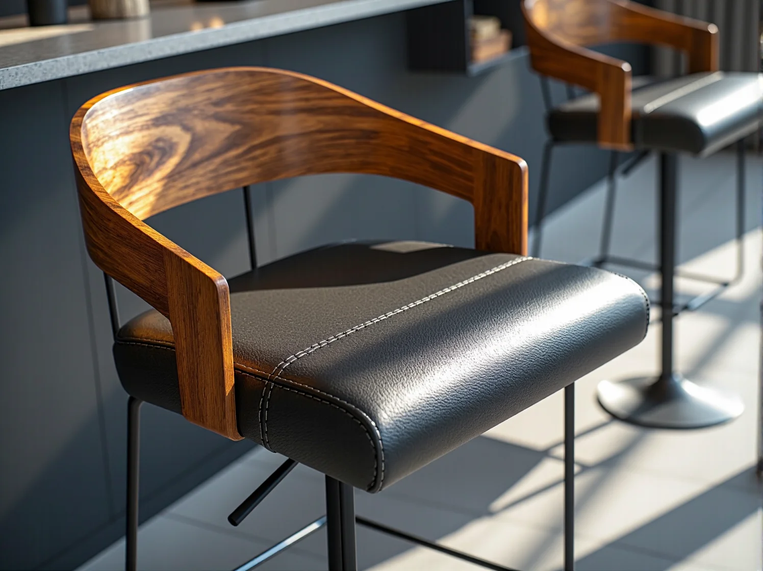 Eleganckie hokery tapicerowane z oparciem. Wygodne krzesła barowe zapewniające komfort gościom w lokalu gastronomicznym.