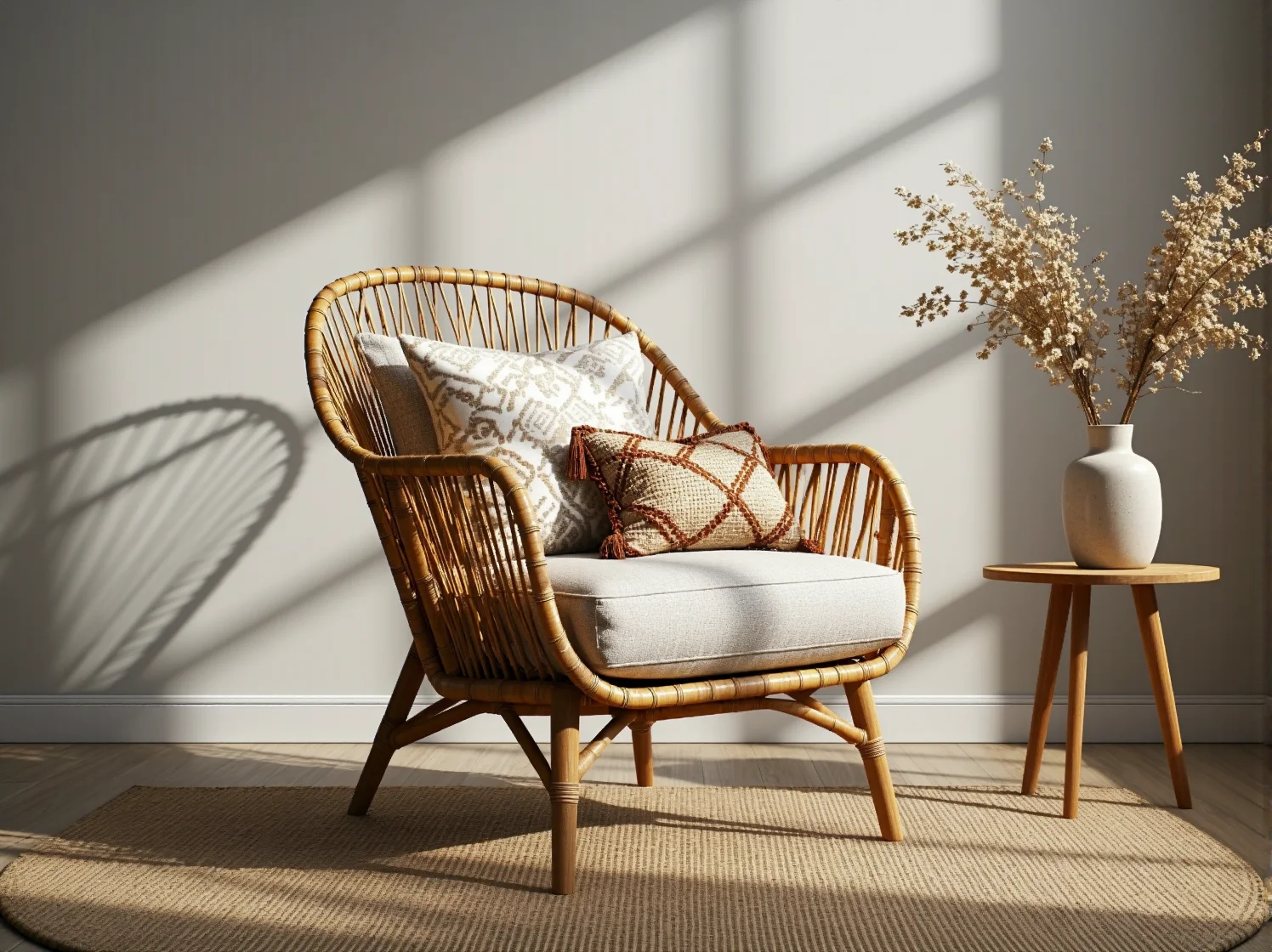 Wygodny fotel tapicerowany w stylu boho z plecionymi podłokietnikami, stojący na tle białej ściany.