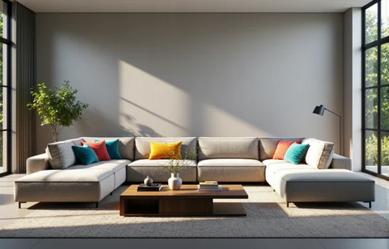 Modularna sofa narożna szara z kolorowymi poduszkami dekoracyjnymi