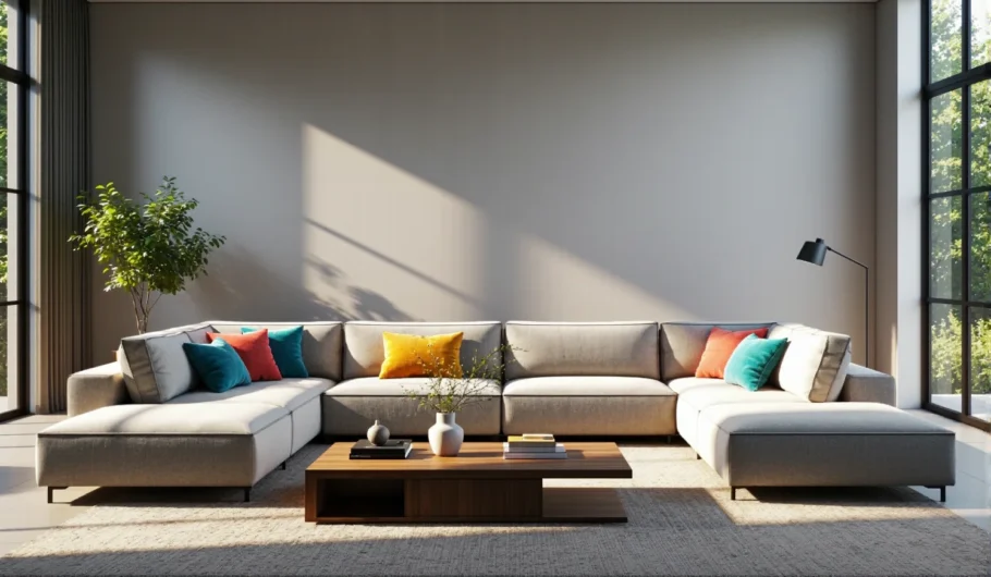 Modularna sofa narożna szara z kolorowymi poduszkami dekoracyjnymi