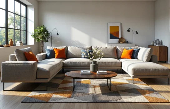 Narożna sofa modułowa szara z kolorowymi poduszkami dekoracyjnymi