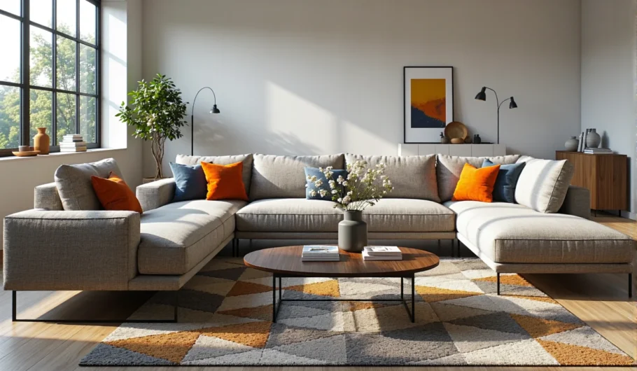 Narożna sofa modułowa szara z kolorowymi poduszkami dekoracyjnymi