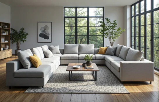 Modułowa sofa narożna szara tapicerowana z poduszkami dekoracyjnymi