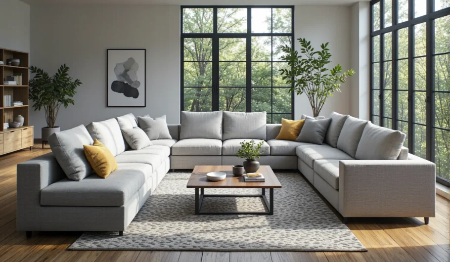 Modułowa sofa narożna szara tapicerowana z poduszkami dekoracyjnymi