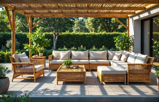 Zestaw mebli ogrodowych bambusowych z beżowymi poduszkami