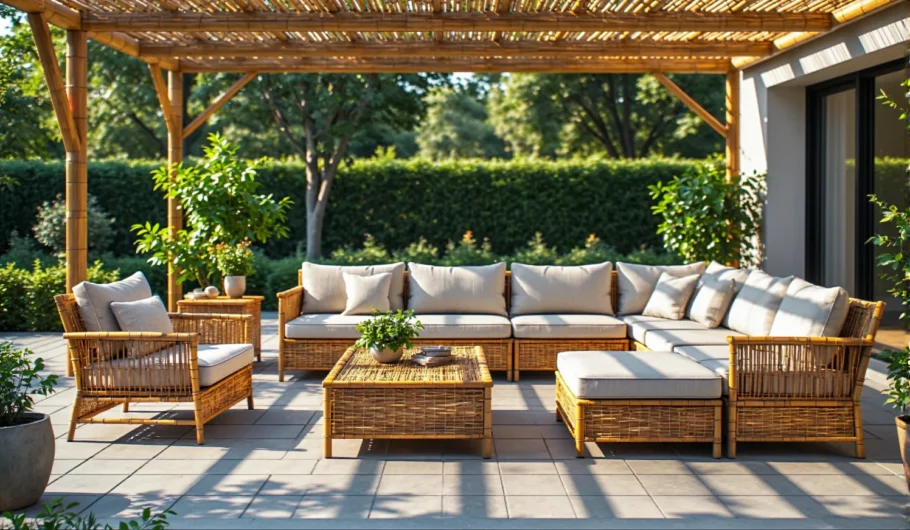 Zestaw mebli ogrodowych bambusowych z beżowymi poduszkami