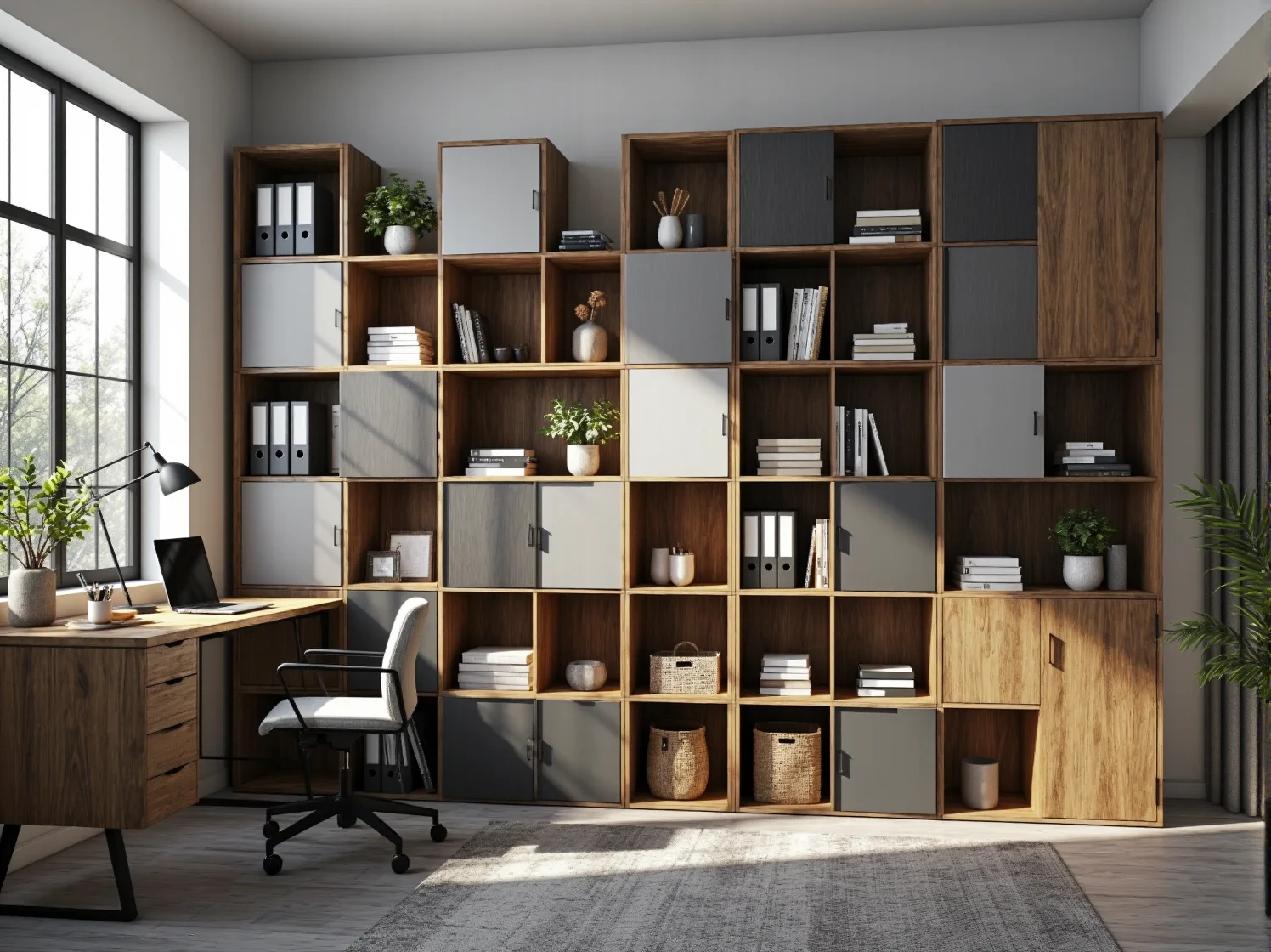 Zestaw mebli modułowych typu komoda w jasnym wnętrzu, harmonijna aranżacja i porządek.