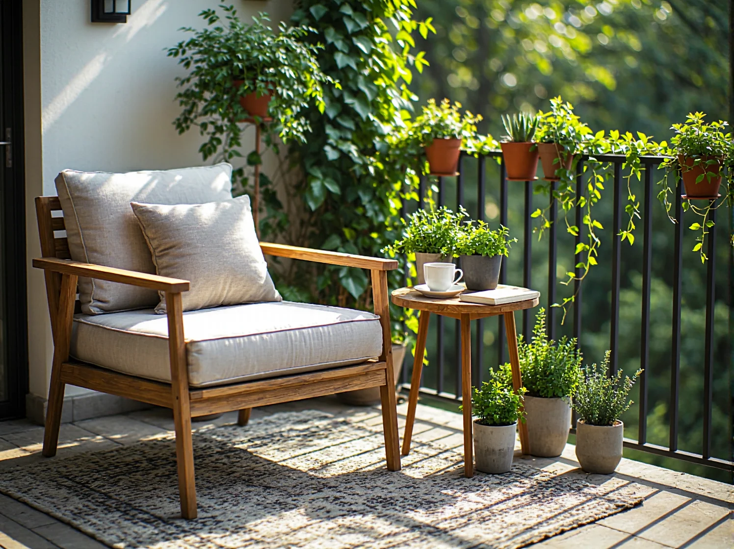 Kompaktowy zestaw mebli na mały balkon – składany stolik i dwa krzesła.