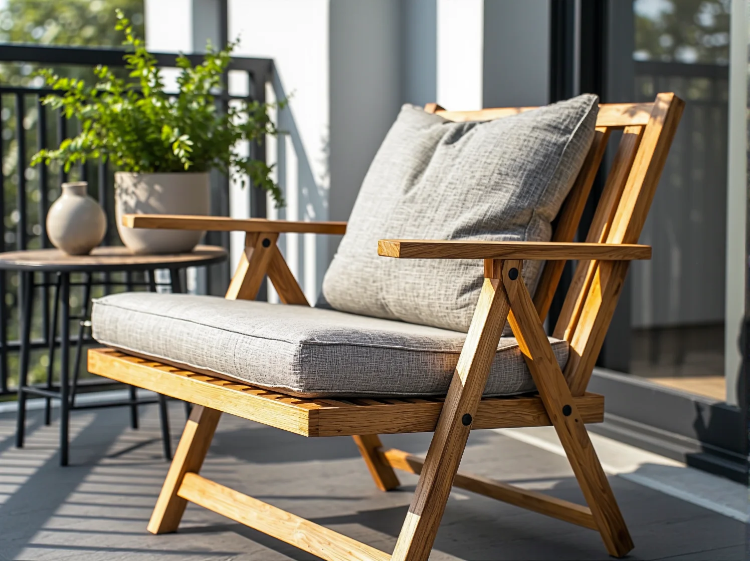 Praktyczne meble na mały balkon: kompaktowy zestaw dwóch krzeseł i okrągłego stolika.