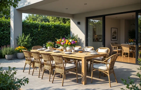 Zestaw mebli ogrodowych drewniany stół z rattanowymi krzesłami