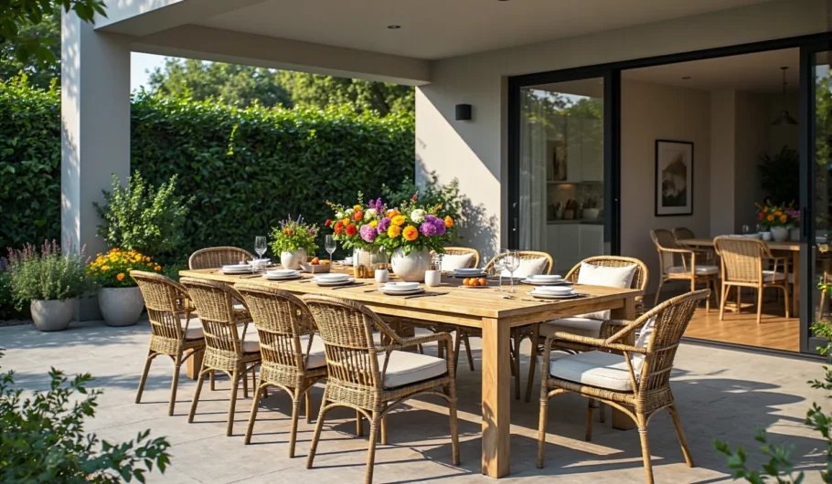 Zestaw mebli ogrodowych drewniany stół z rattanowymi krzesłami