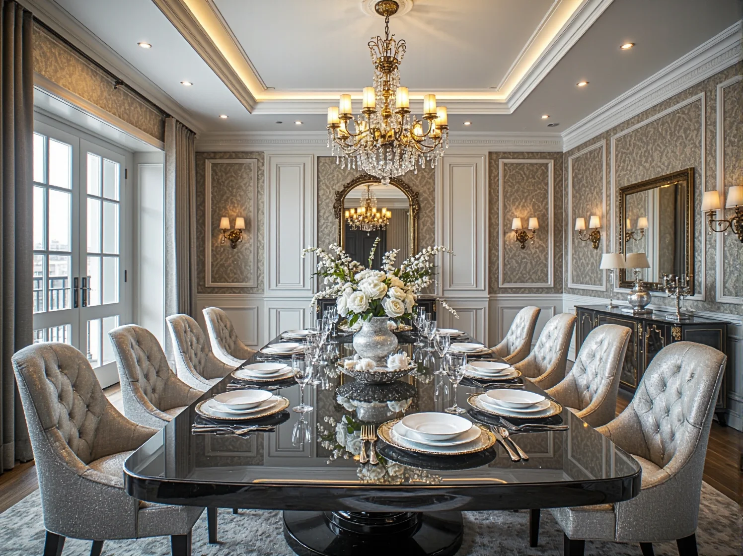 Złota konsola z marmurowym blatem jako modny dodatek do eleganckiego salonu glamour.