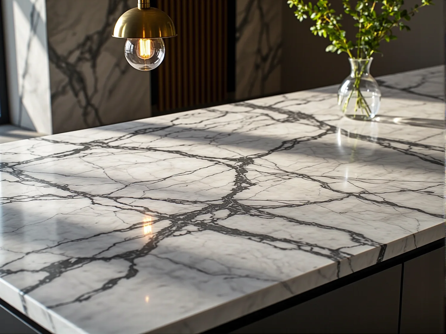 Nowoczesne czarne lampy wiszące jako stylowy kontrast dla białego blatu z marmuru w kuchni.