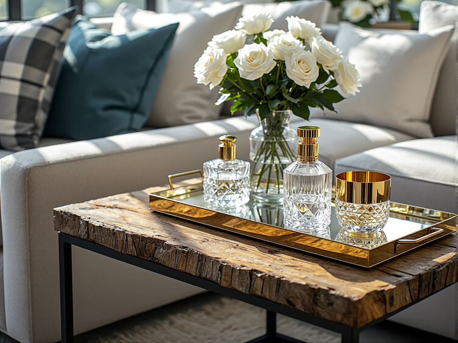 Stylowy żyrandol glamour nad masywnym stołem w jadalni rustykalnej.