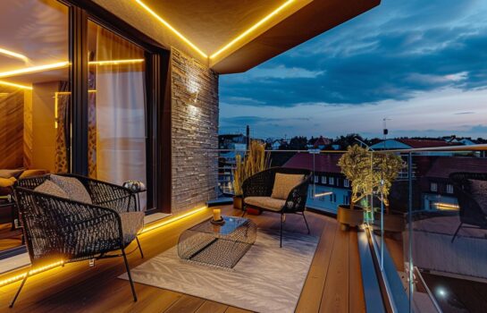 Jak urządzić taras w stylu glamour z lampami LED w kolorze złota i miedzi