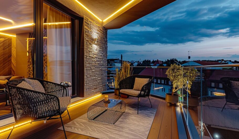 Jak urządzić taras w stylu glamour z lampami LED w kolorze złota i miedzi